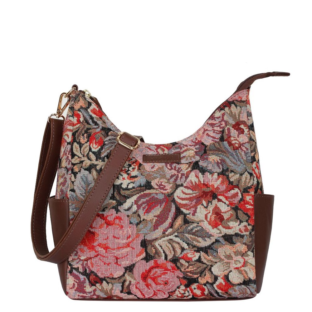 Women's Floral Tapestry Fabric Hobo Bag | Leather-Trimmed Crossbody Bag